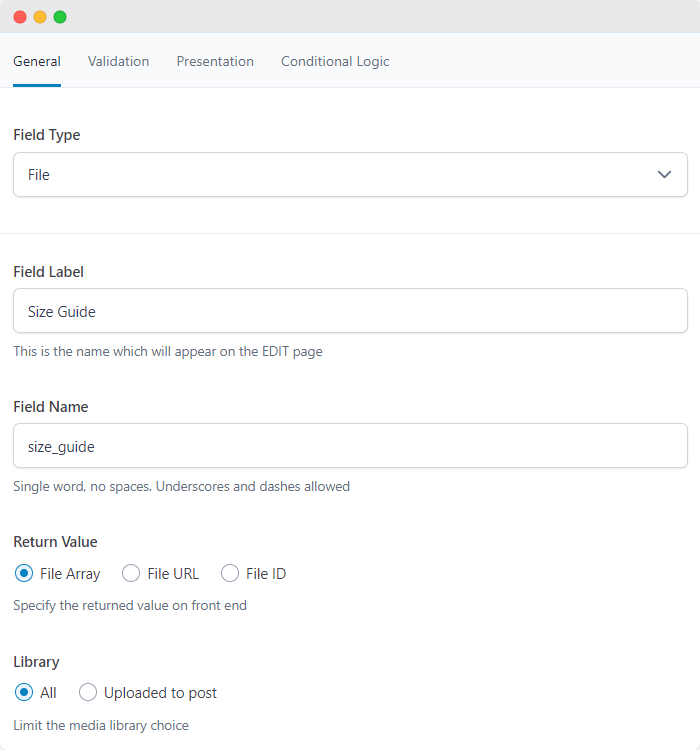 Configure new field options with the Advanced Custom Fields plugin.