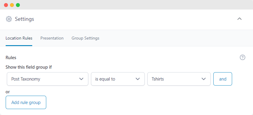 Configure location rules with the Advanced Custom Fields plugin