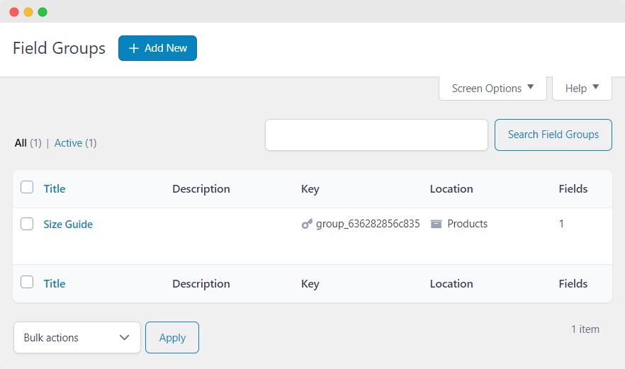 Advanced Custom Fields plugin dashboard.