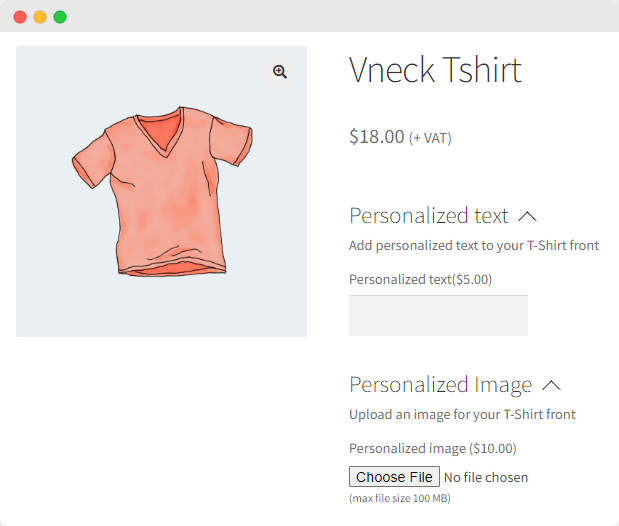 The appearance of the custom T-shirt add-ons on the store front end.