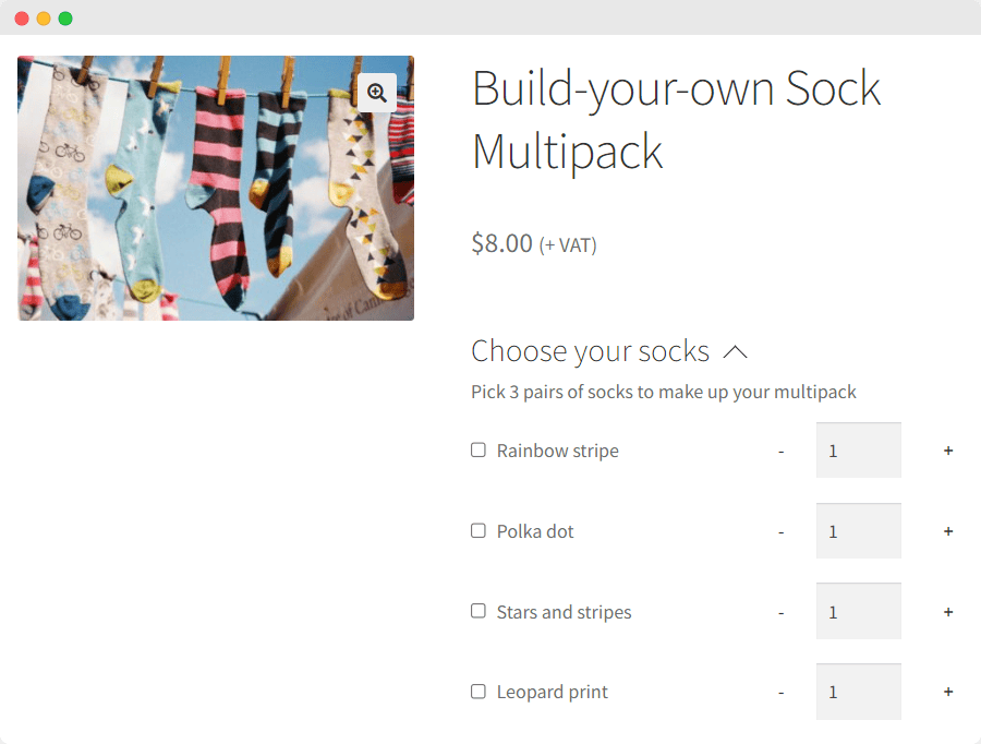 Product add-on display on the front end for the 'Build-your-own Sock Multipack' product.