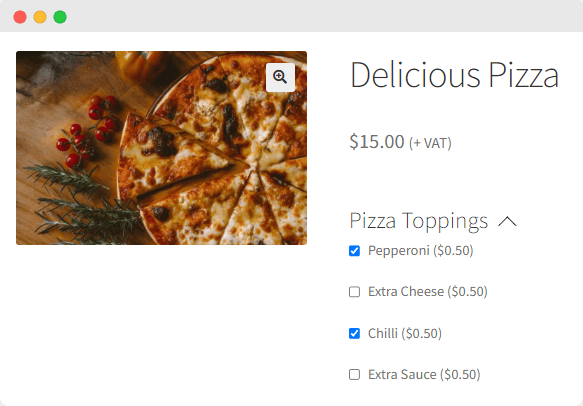 A pizza product page offering options to add extra toppings.