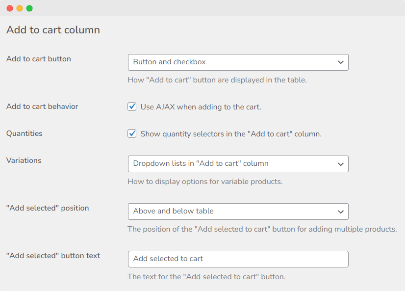 Configure the table 'add-to-cart' options