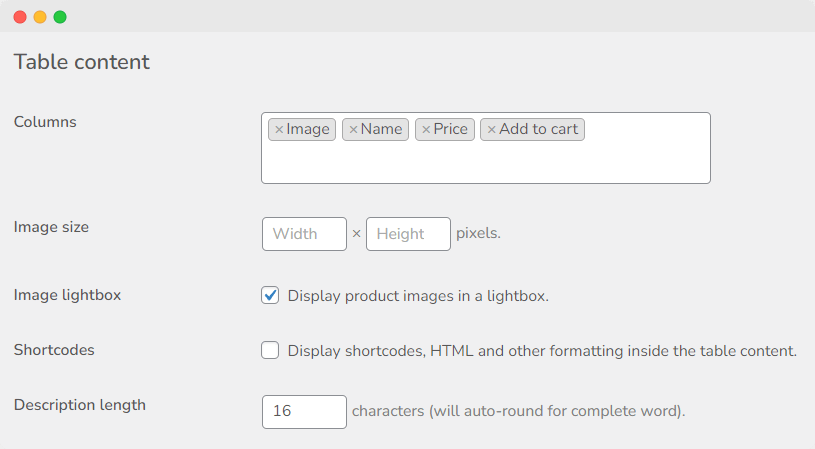 Configure which columns to display using Product Tables for WooCommerce