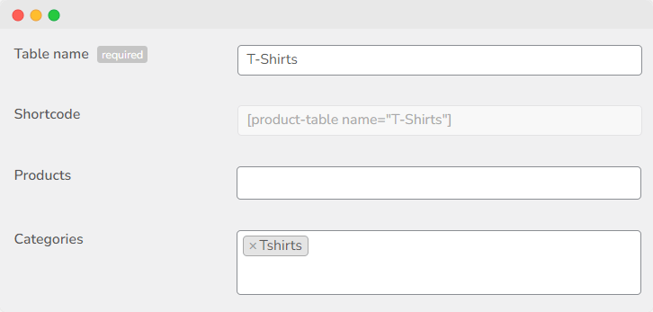 Configure the table name and display options.