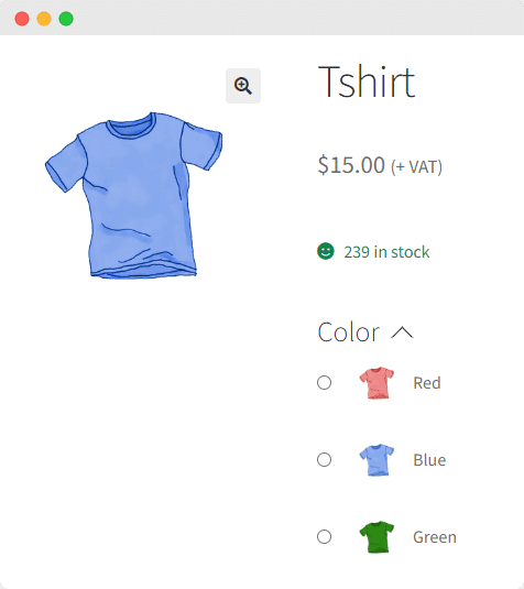 Color swatches displayed on the store front-end using Product Manager Add-ons