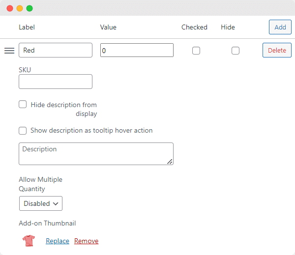 Configure the options for a specific add-on choice using Product Manager Add-ons