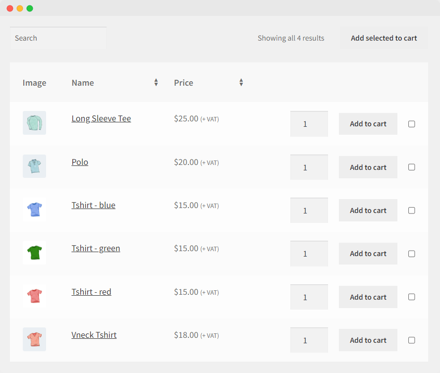 A product table created with Product Tables for WooCommerce displaying product variations in separate rows.
