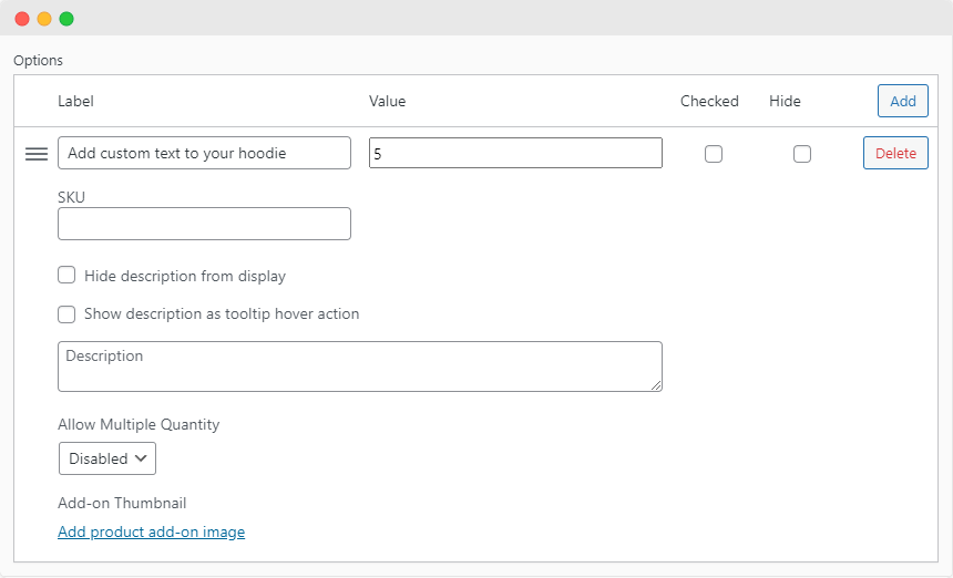 Configuring options for a personalized text add-on with Product Manager Add-ons.