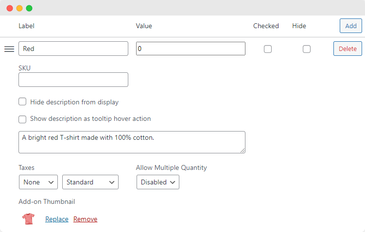 Configure the options for your color variations using Product Manager Add-ons