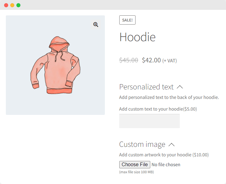 The display of add-on options for the personalized hoodie product on the store front-end.