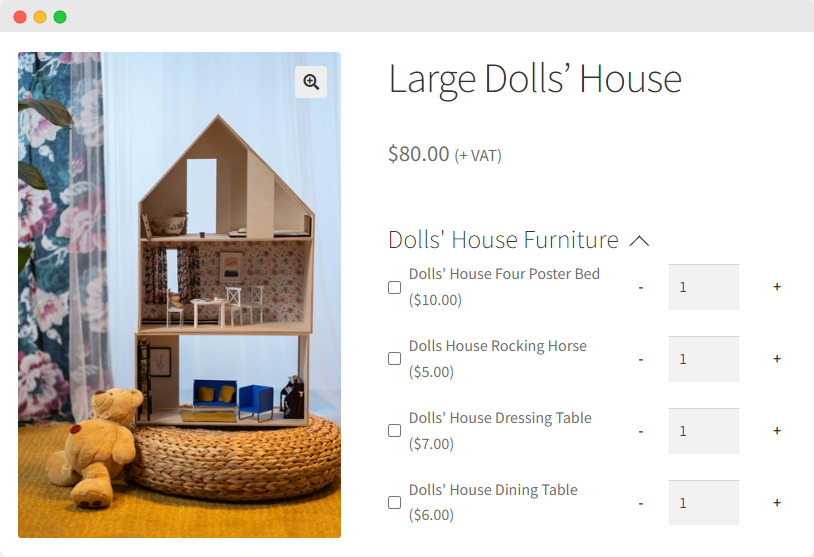 The appearance of the dolls’ house accessories add-ons on the store front end.