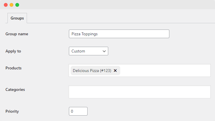 Create a new add-on group for pizza toppings with Product Manager Add-ons.