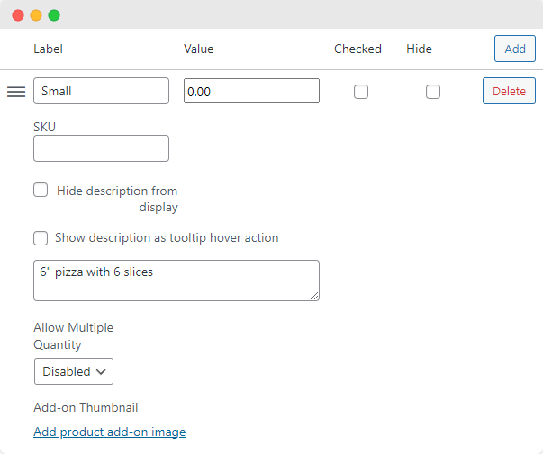 Create a new add-on option for selecting a small pizza.