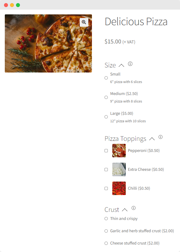  A pizza product page with customization options.