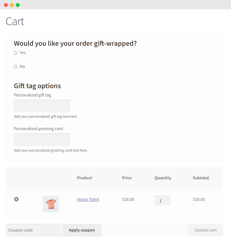 Offering gift-wrapping options on the cart page using Product Manager Add-ons.
