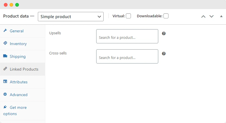 The Linked Products tab in the WooCommerce Product data panel.