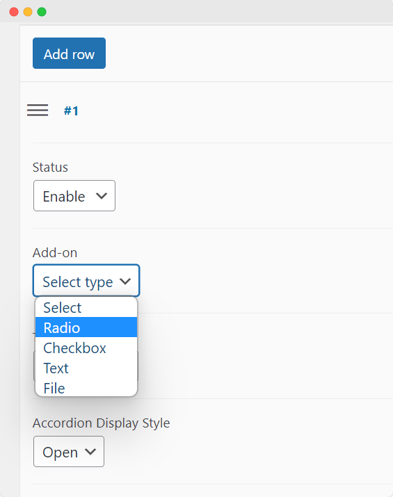 Configuring the new row options