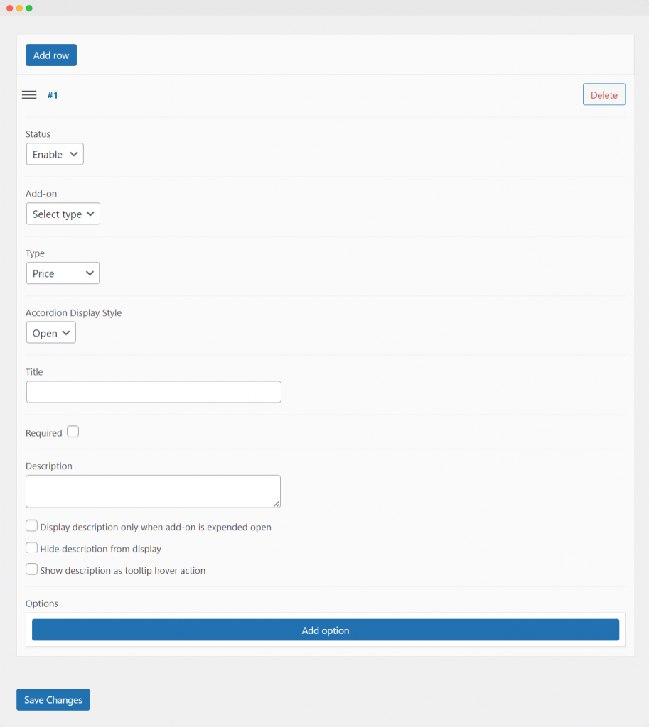 Add row and configure sample product details.