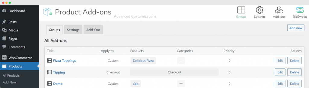 Create a new add-on group with Product Manager Add-ons.