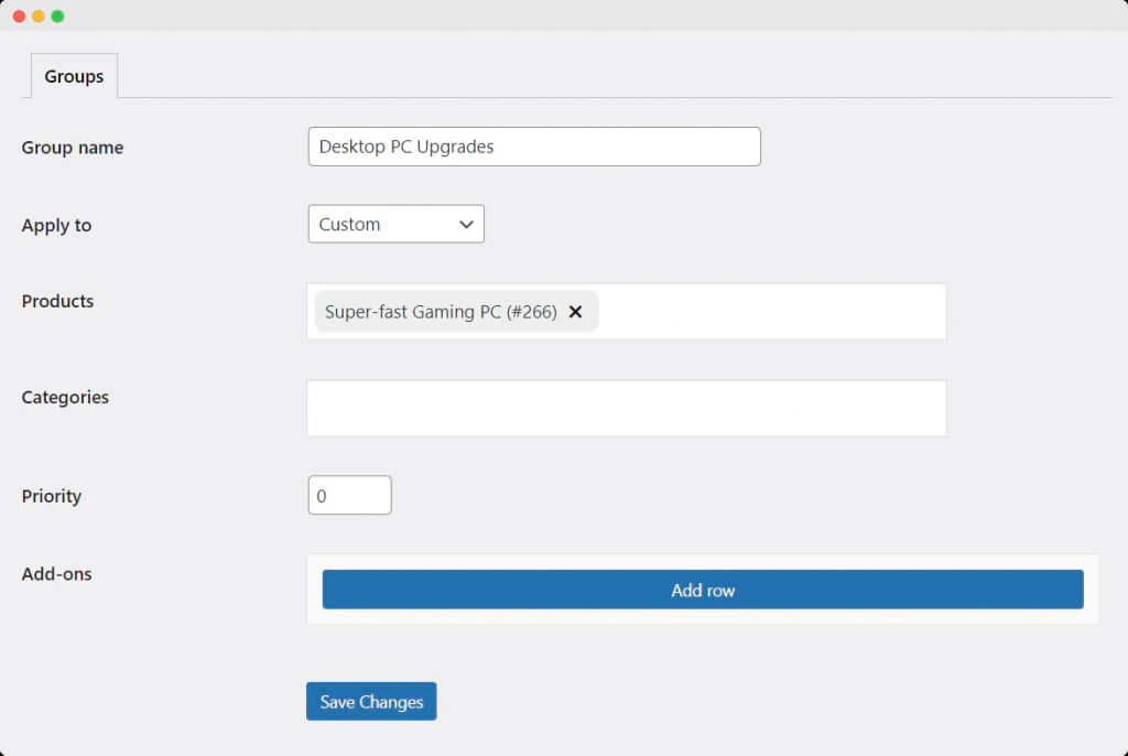 Create a new product add-ons group with Product Manager Add-ons.