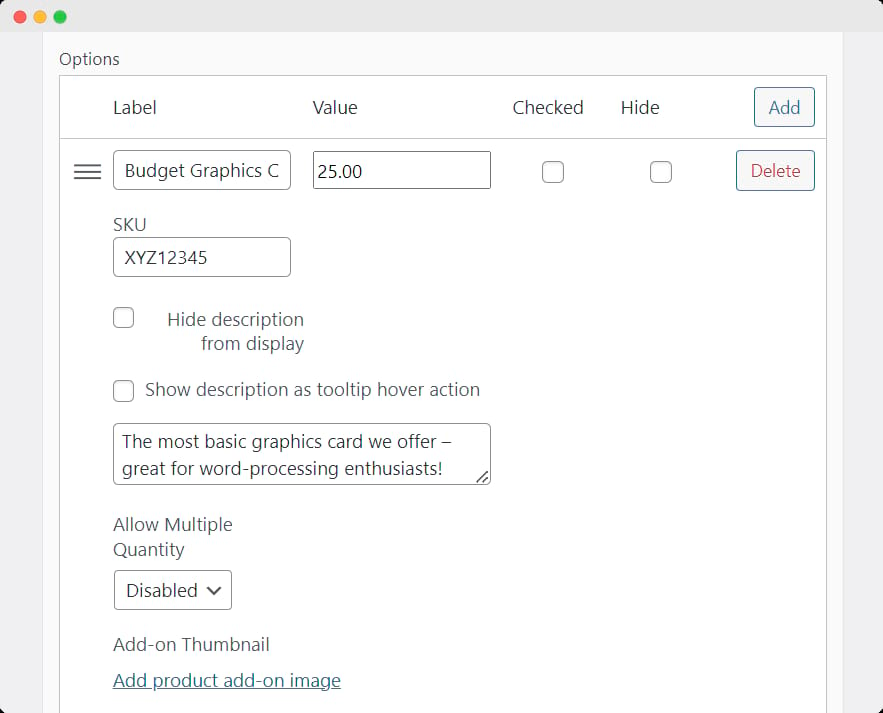 Setting specific add-on options with Product Manager Add-ons.