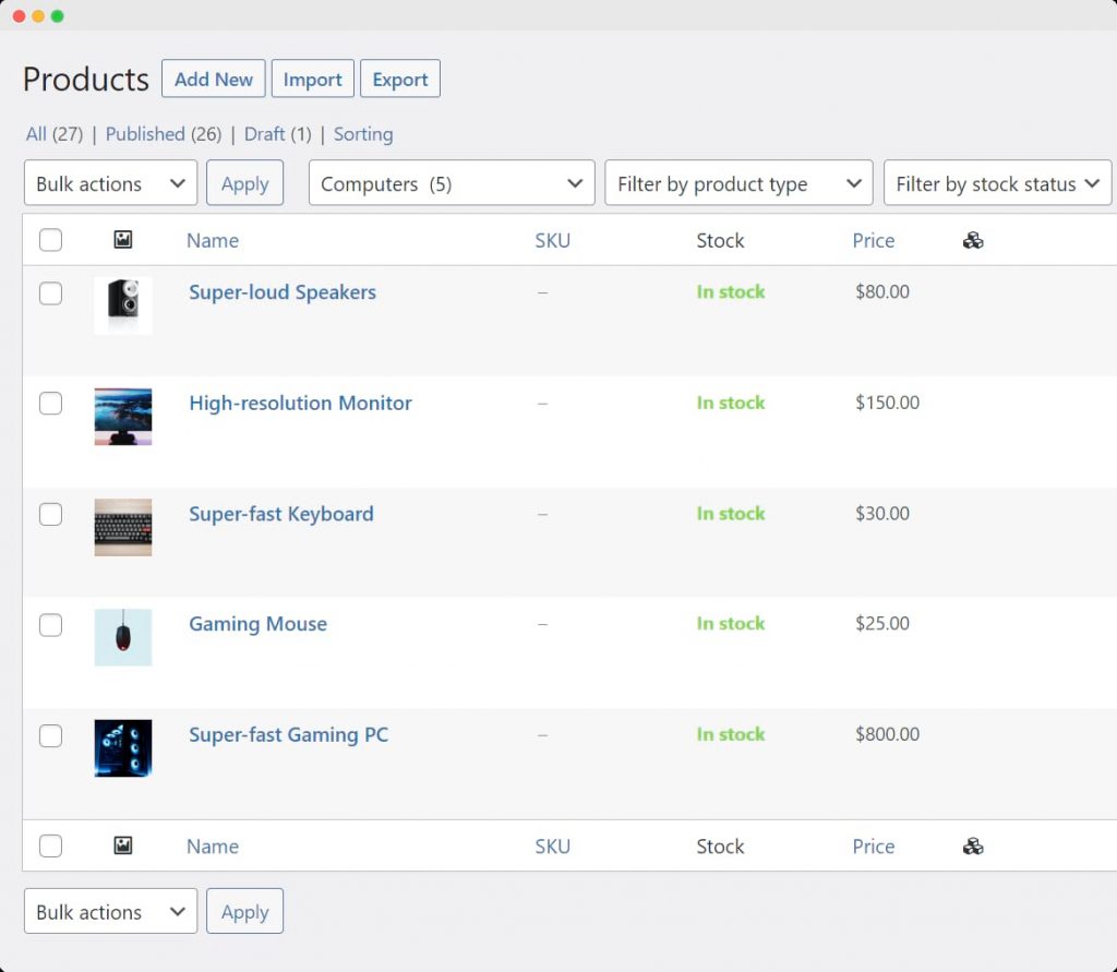A product list in the WooCommerce dashboard.