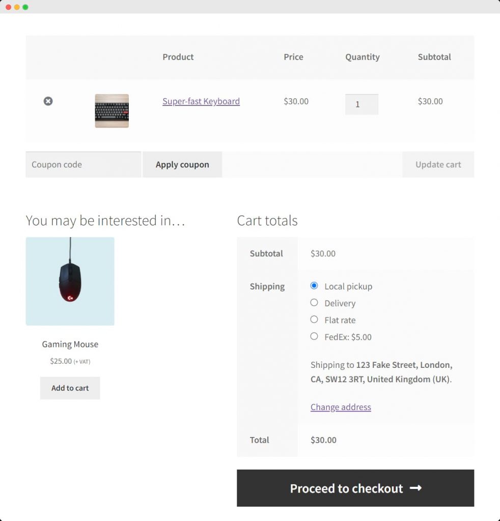 Displaying cross-sells on the cart page with the default WooCommerce functionality.