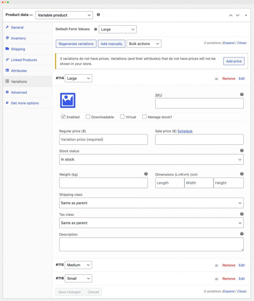 WooCommerce – edit product variation data