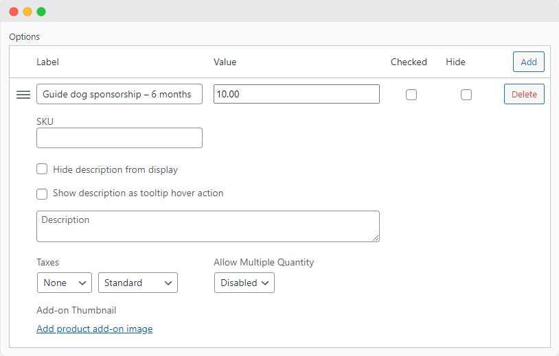 Configure a specific donation option with Product Manager Add-ons.