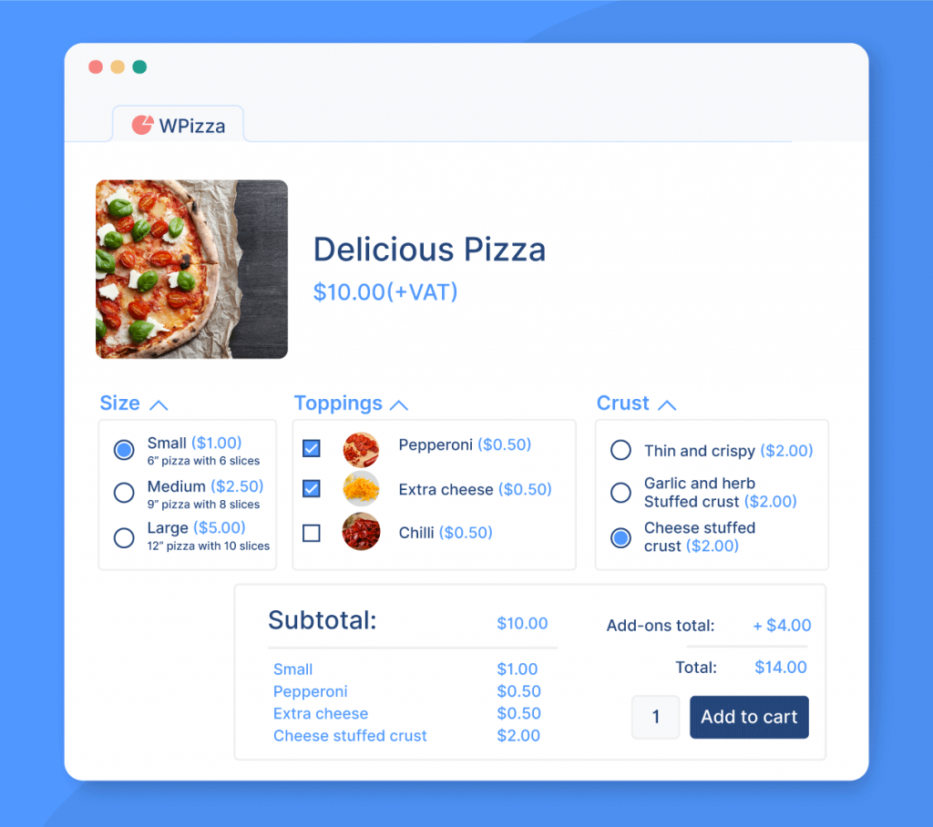 A stylized screenshot showing an example of a “create-your-own pizza” page.