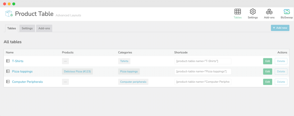 Product Tables for WooCommerce – all tables view