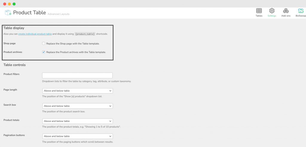 Product Tables for WooCommerce – Product table display settings 