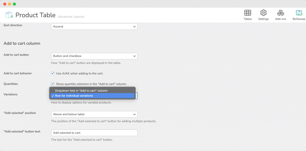 Product Tables for WooCommerce – variation display options