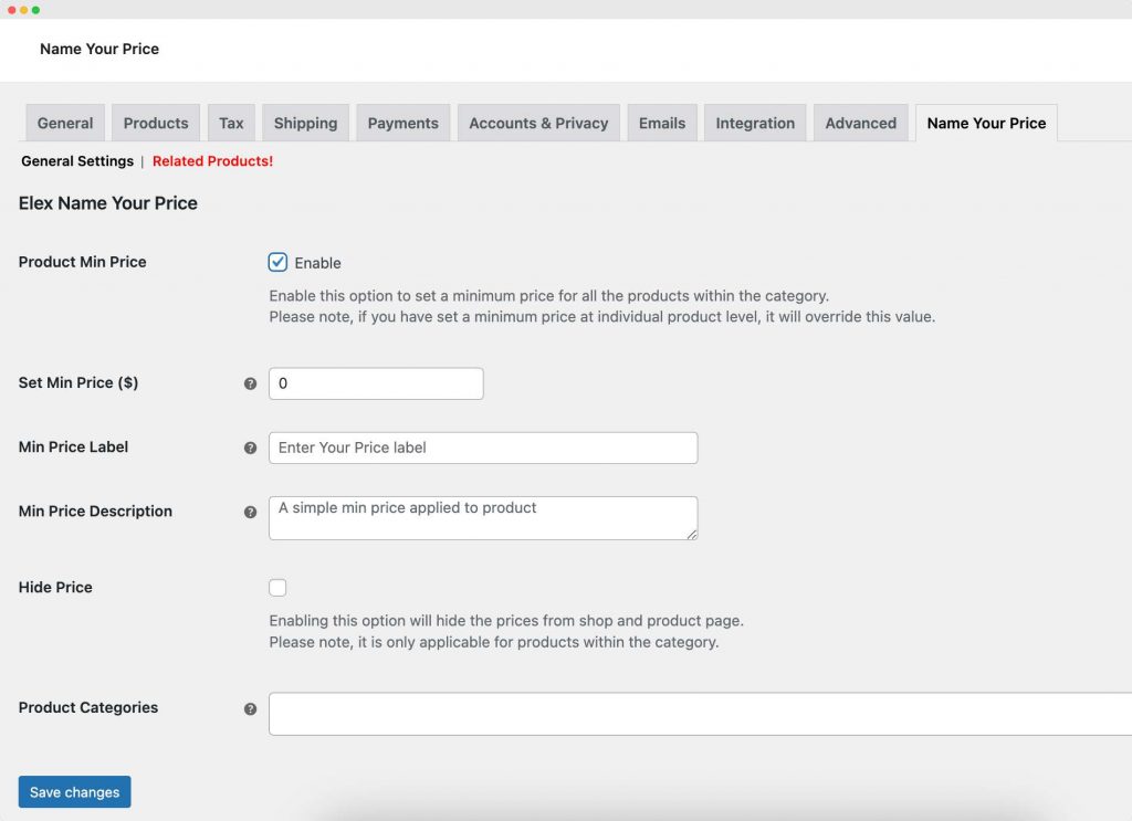 Configure the global product settings for the name-your-price feature.