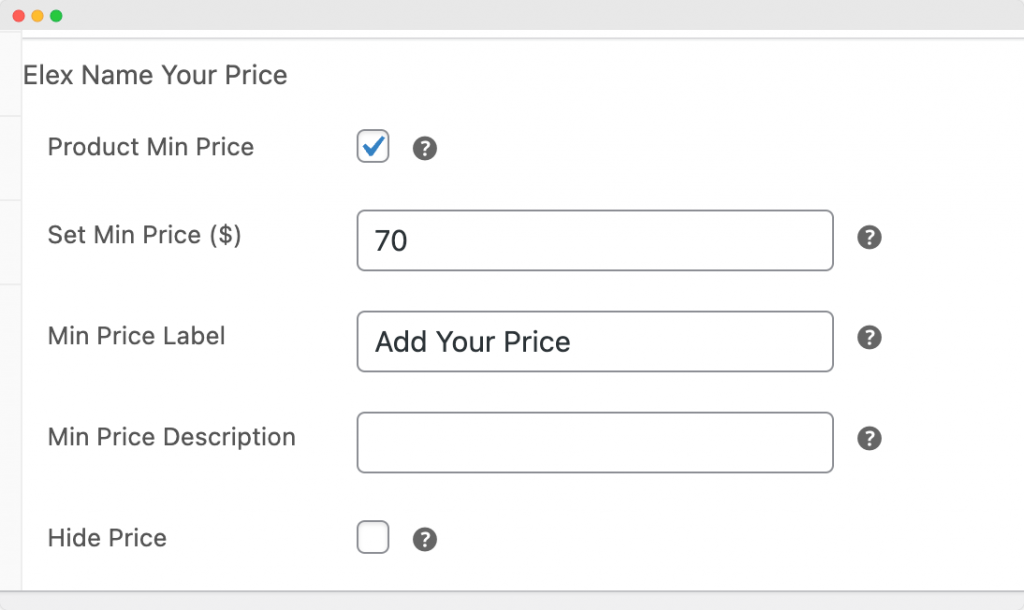 Individual product settings to configure the name-your-price feature.