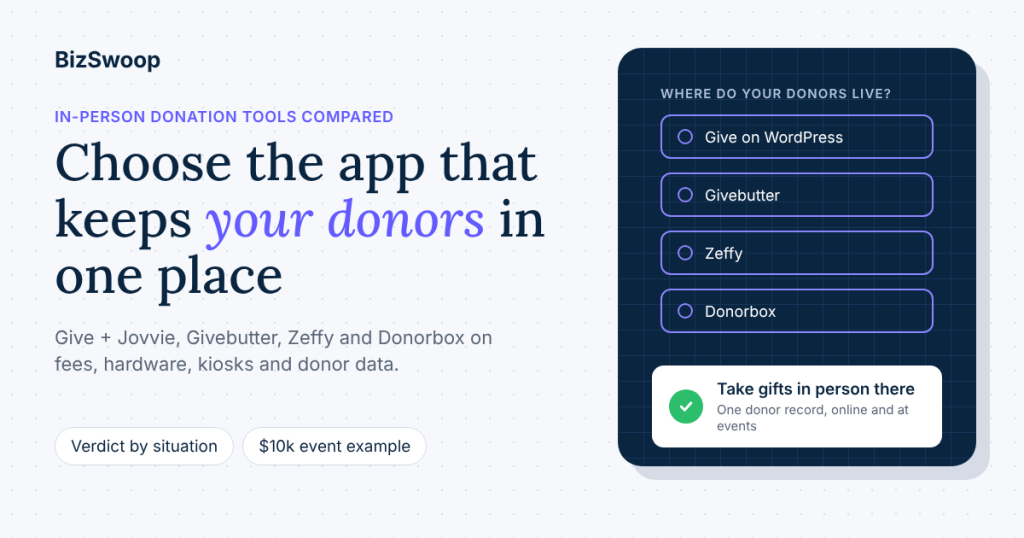 Comparing in-person donation apps by where your donors live: Give on WordPress, Givebutter, Zeffy or Donorbox